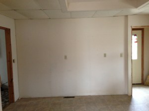 Another kitchen wall. Here, I am standing in the living room looking toward the back of the house. The laundry is on the left and the back door of the house is on the right. The stairs going up are just beyond this wall.