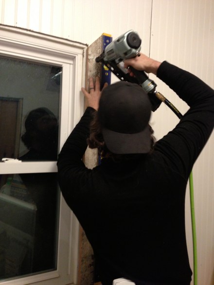 After installing the bead board, Ben reinstalled with barnwood window trim.